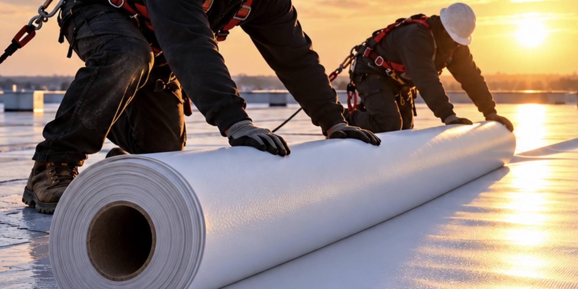 Two roofers in fall-protection harnesses unrolling white single-ply membrane at sunset