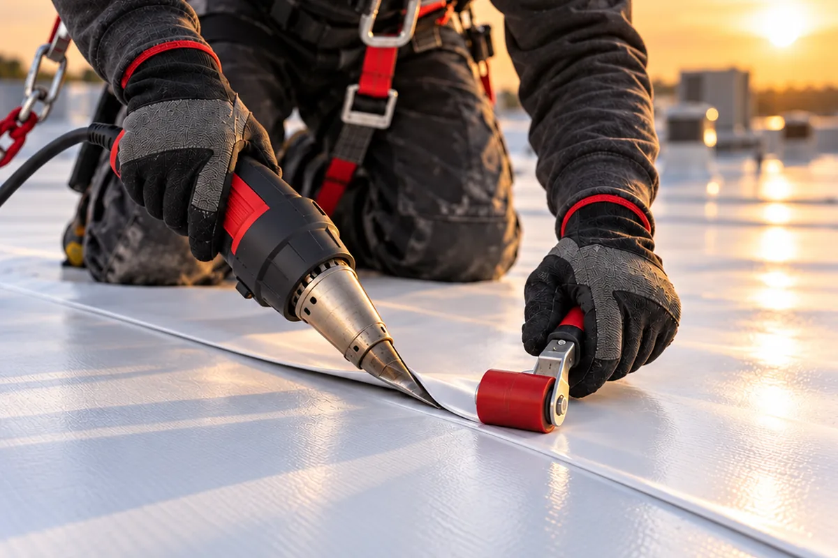 Roofer heat-welding a white TPO membrane seam with a hot-air welder and roller