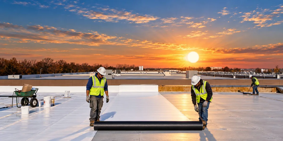 Roofing crew unrolling white single-ply membrane across a large commercial roof at sunset