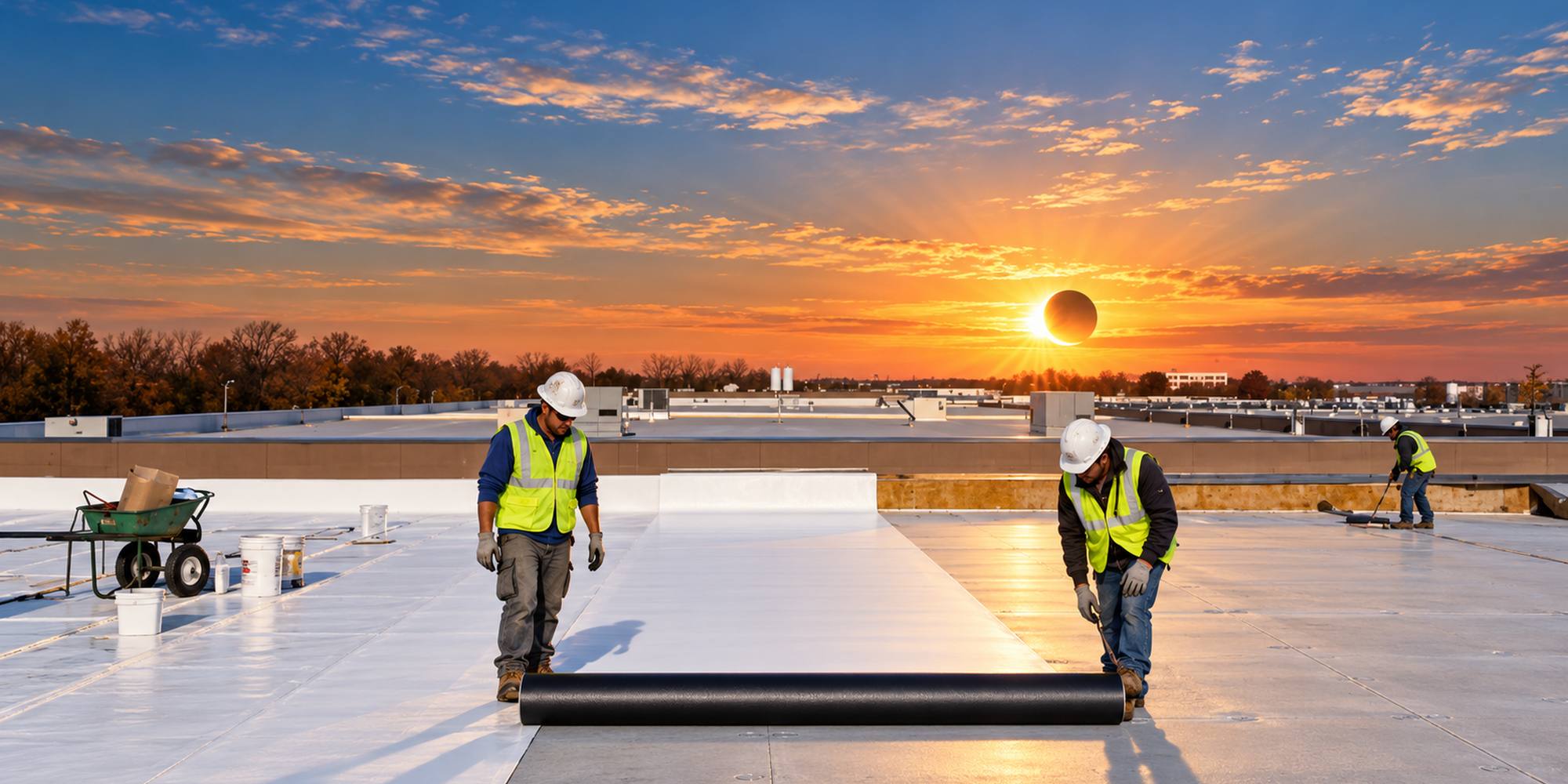 Roofing crew unrolling white single-ply membrane across a large commercial roof at sunset