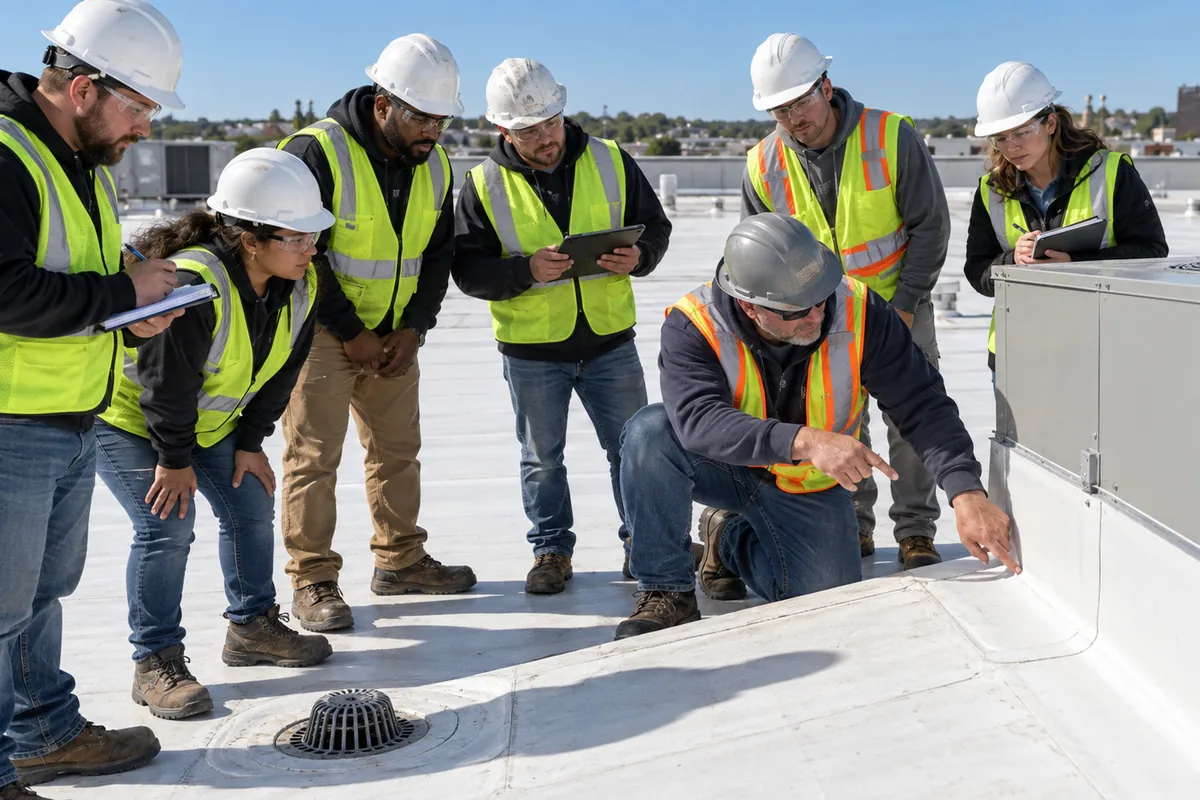 Roofing supervisor pointing out a roof drain detail to the crew on a white membrane roof
